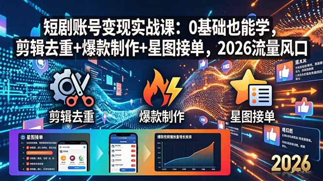 短剧账号变现实战课：0基础也能学，剪辑去重+爆款制作+星图接单，2026流量风口-热点1站 - 热点知汇专注网赚项目资源知识聚汇