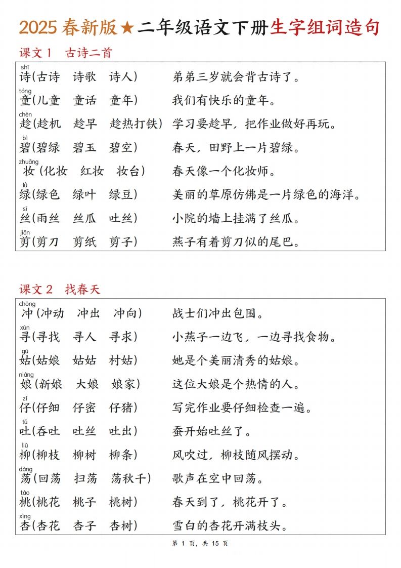 25春二下语文写字表生字组词造句（15页）-热点1站 - 热点知汇专注网赚项目资源知识聚汇
