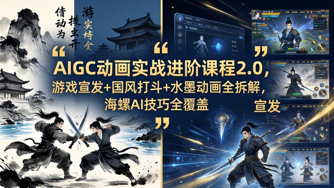 AIGC动画实战进阶课程2.0，游戏宣发+国风打斗+水墨动画全拆解，海螺AI技巧全覆盖-热点1站 - 热点知汇专注网赚项目资源知识聚汇