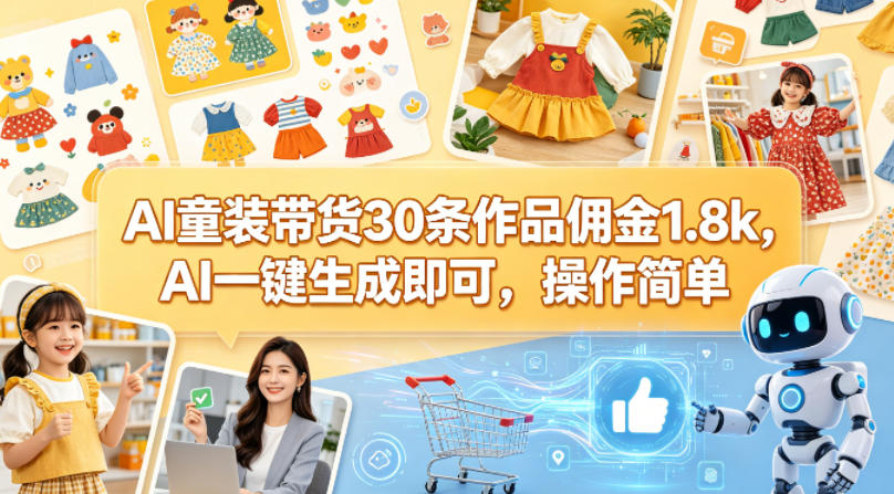AI童装带货30条作品佣金1.8k，AI一键生成即可，操作简单-热点1站 - 热点知汇专注网赚项目资源知识聚汇