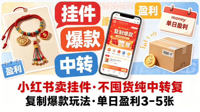 小红书卖挂件，不囤货纯中转复制爆款玩法，单日盈利3-5张-热点1站 - 热点知汇专注网赚项目资源知识聚汇