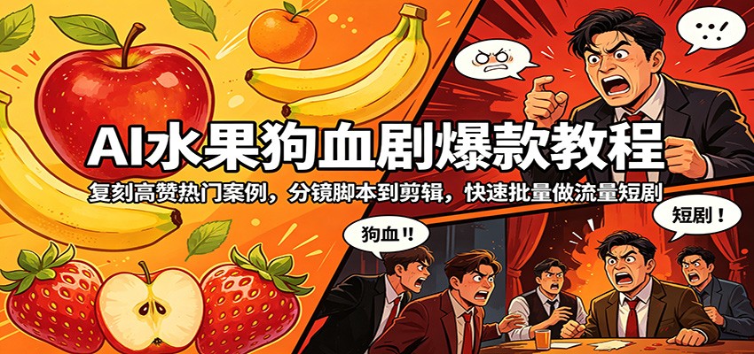 AI水果狗血剧爆款教程：复刻高赞热门案例，分镜脚本到剪辑，快速批量做流量短剧-热点1站 - 热点知汇专注网赚项目资源知识聚汇