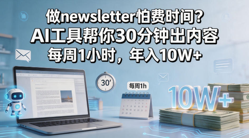 做newsletter怕费时间？AI工具帮你30分钟出内容，每周1小时，年入10W+！【原创双语字幕】-热点1站 - 热点知汇专注网赚项目资源知识聚汇