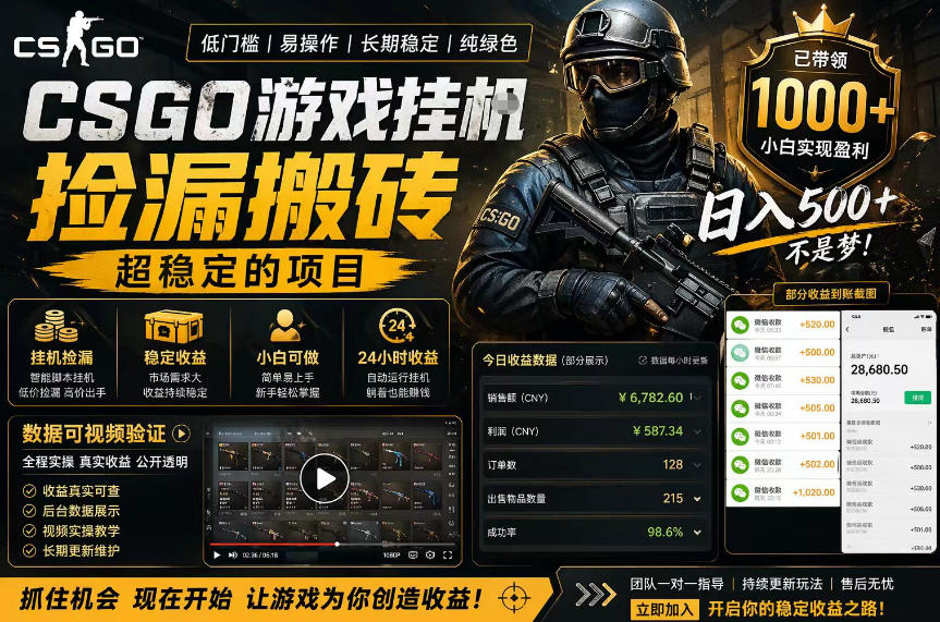 CSGO游戏搬砖，全自动挂G，不需要玩游戏，手机操作日入300+，解放双手【揭秘】-热点1站 - 热点知汇专注网赚项目资源知识聚汇