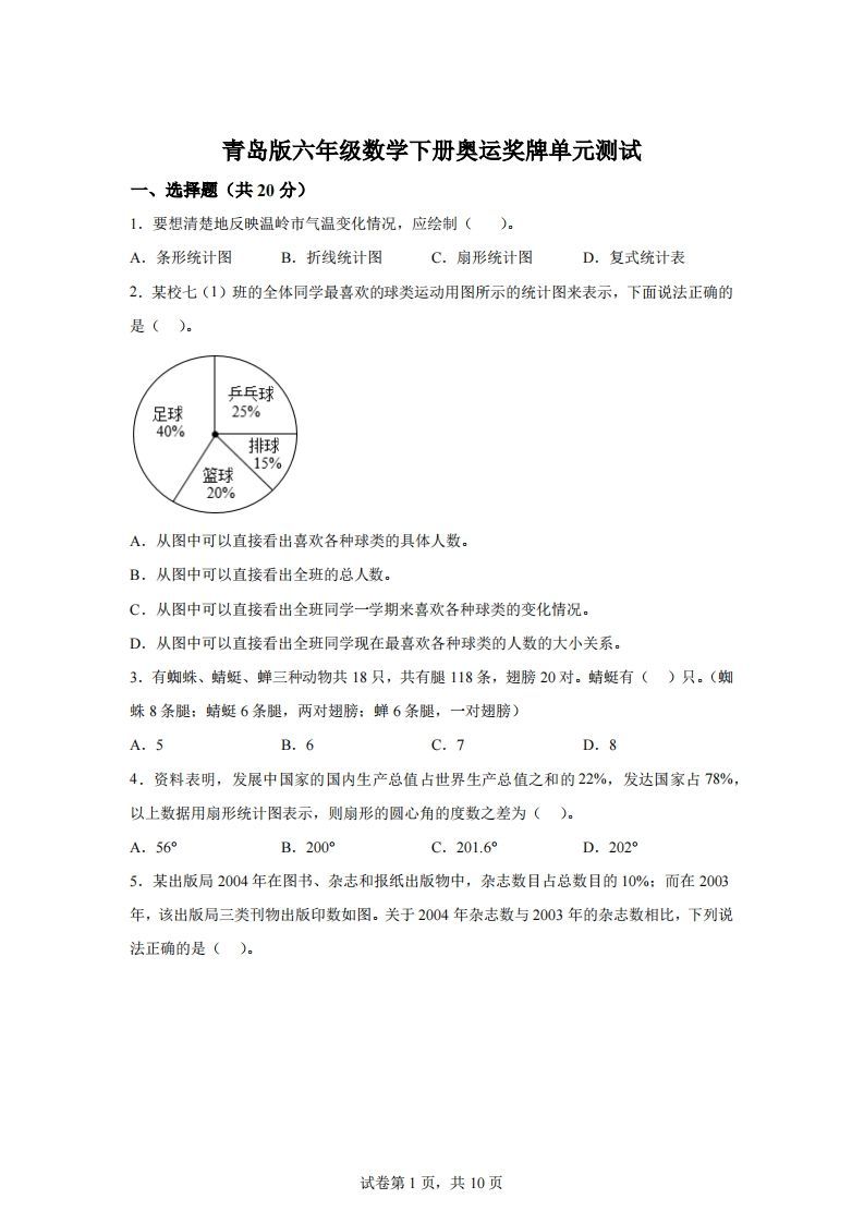 青岛63版数学六年级下册第五单元《奥运奖牌——扇形统计图》单元测试卷-热点1站 - 热点知汇专注网赚项目资源知识聚汇