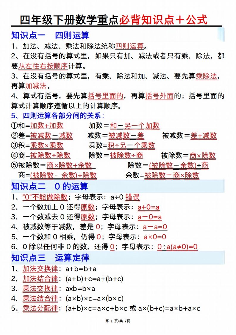 25年四年级下册数学重点必背知识点十公式-热点1站 - 热点知汇专注网赚项目资源知识聚汇
