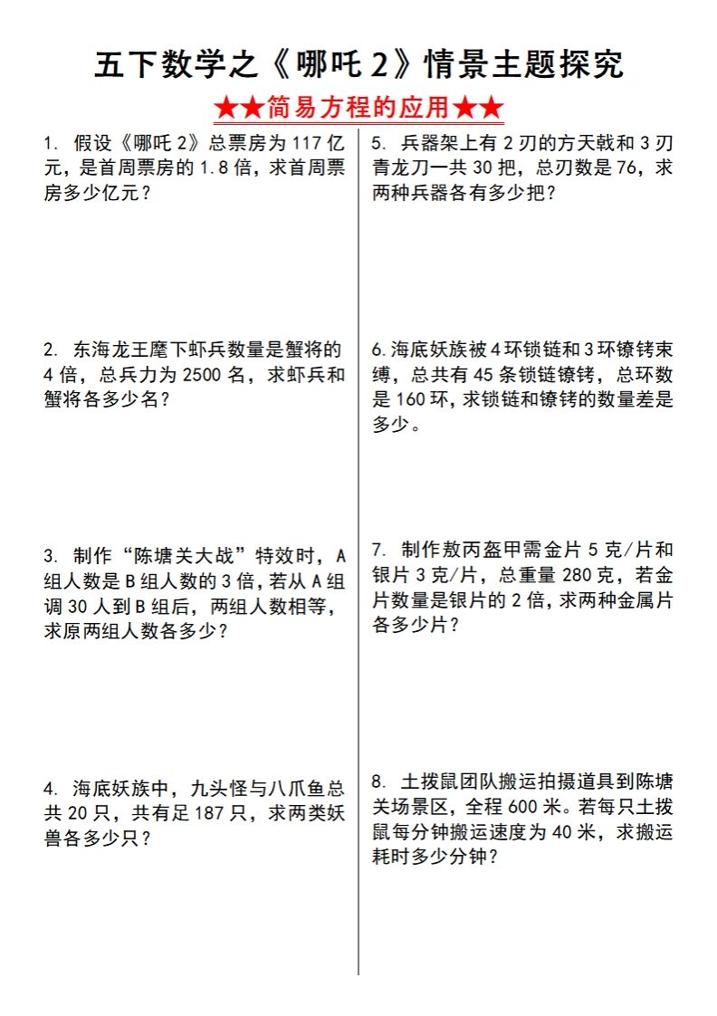 【苏教版】五下数学之《哪吒2》情景主题探究(简易方程的应用)（空白版）-热点1站 - 热点知汇专注网赚项目资源知识聚汇