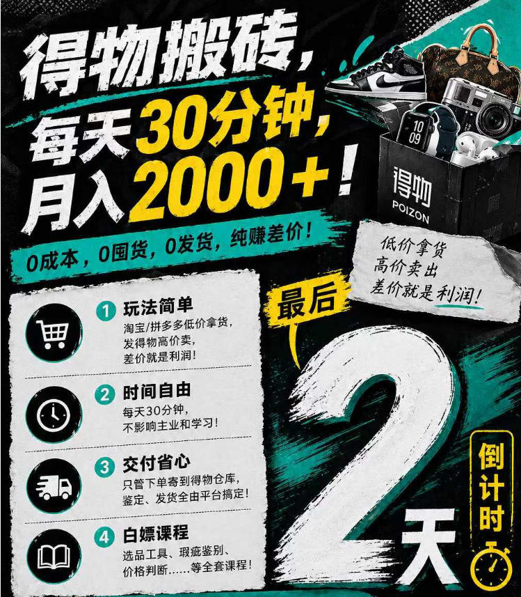 得物搬砖，0成本起步每天30分钟，月入2000+，0成本，0囤货，0发货，纯賺差价-热点1站 - 热点知汇专注网赚项目资源知识聚汇