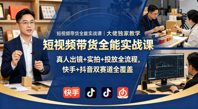 短视频带货全能实战课｜大佬独家教学，真人出镜+实拍+投放全流程，快手+抖音双赛道全覆盖-热点1站 - 热点知汇专注网赚项目资源知识聚汇