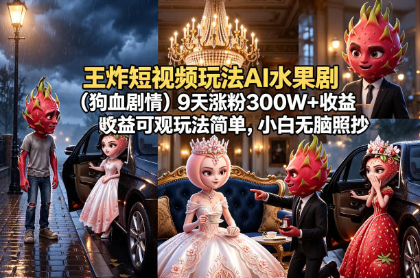 王炸短视频玩法AI水果剧(狗血剧情)9天涨粉300W+收益可观玩法简单，小白无脑照抄，详细拆解玩法-热点1站 - 热点知汇专注网赚项目资源知识聚汇