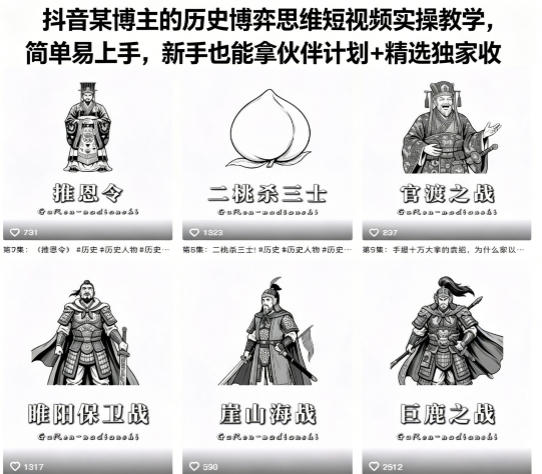抖音某博主的历史博弈思维短视频实操教学，简单易上手，新手也能拿伙伴计划+精选独家收益-热点1站 - 热点知汇专注网赚项目资源知识聚汇