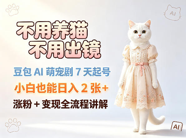 不用养猫不用出镜，豆包AI萌宠剧7天起号，小白也能日入2张+，涨粉+变现全流程讲解-热点1站 - 热点知汇专注网赚项目资源知识聚汇