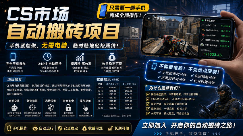 手机即可操作的CS市场自动搬砖系统｜自动监控｜自动下单|日入300+【揭秘】-热点1站 - 热点知汇专注网赚项目资源知识聚汇