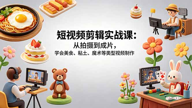 短视频剪辑实战课：从拍摄到成片，学会美食、粘土、魔术等类型视频制作-热点1站 - 热点知汇专注网赚项目资源知识聚汇