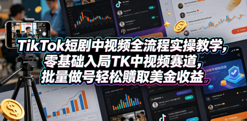 TikTok短剧中视频全流程实操教学,零基础入局TK中视频赛道,批量做号轻松賺取美金收益-热点1站 - 热点知汇专注网赚项目资源知识聚汇