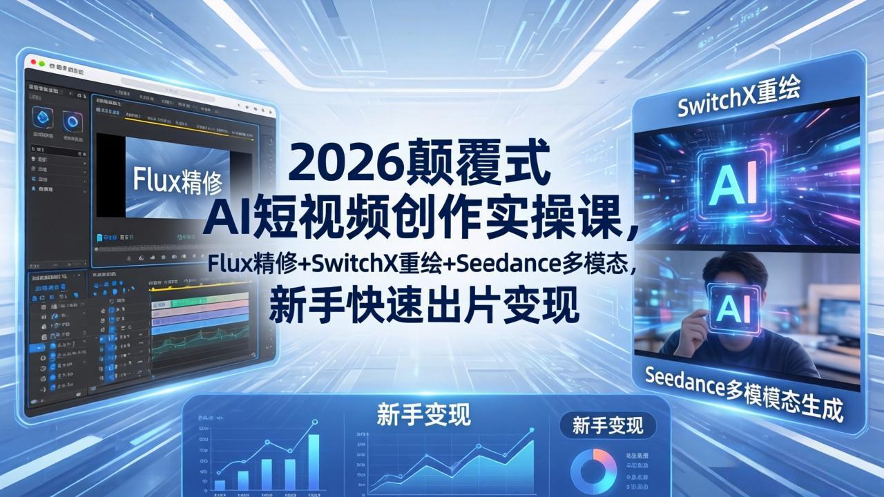 2026颠覆式 AI短视频创作课-5月更新，Flux精修+SwitchX重绘+Seedance多模态，新手快速出片变现-热点1站 - 热点知汇专注网赚项目资源知识聚汇