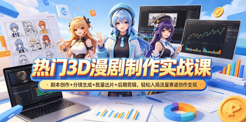 热门3D漫剧制作实战课，剧本创作+分镜生成+批量出片+后期剪辑，轻松入局流量赛道创作变现-热点1站 - 热点知汇专注网赚项目资源知识聚汇