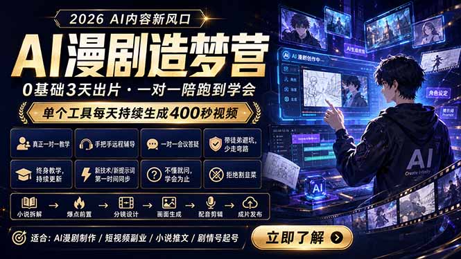AI漫剧造梦营：0基础3天出片，单个工具每天持续生成400秒视频-热点1站 - 热点知汇专注网赚项目资源知识聚汇