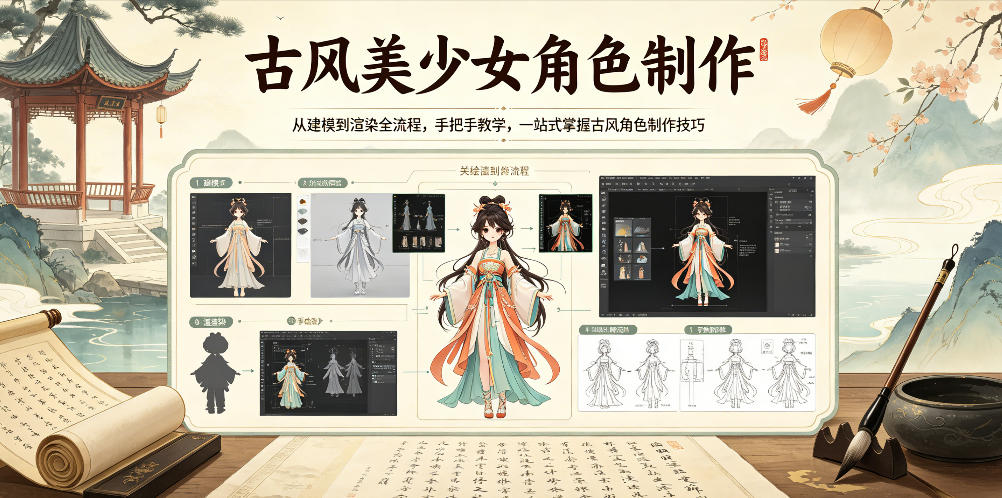 古风美少女角色制作，从建模到渲染全流程，手把手教学，一站式掌握古风角色制作技巧-热点1站 - 热点知汇专注网赚项目资源知识聚汇