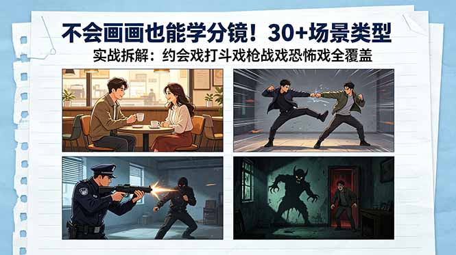 图片[1]-不会画画也能学分镜！30+场景类型实战拆解：约会戏打斗戏枪战戏恐怖戏全覆盖-项目网