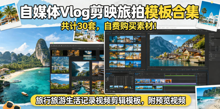 自媒体Vlog剪映旅拍模板合集，共计30套，自费购买素材！旅行旅游生活记录视频剪辑模板，附预览视频-热点1站 - 热点知汇专注网赚项目资源知识聚汇