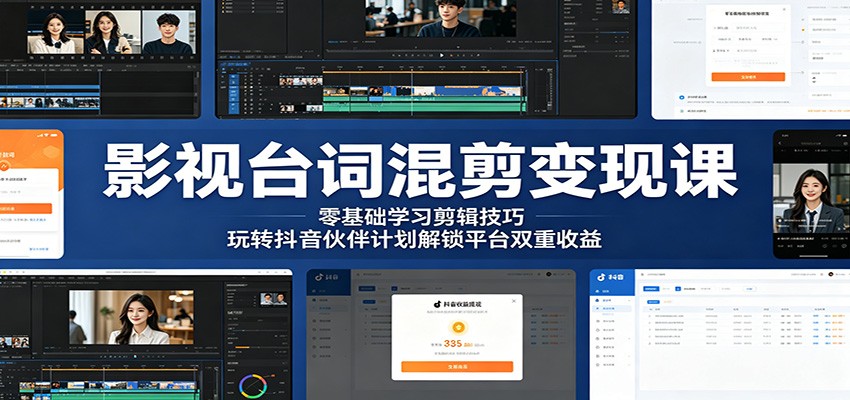 影视台词混剪变现课：零基础学习剪辑技巧，玩转抖音伙伴计划解锁平台双重收益-热点1站 - 热点知汇专注网赚项目资源知识聚汇