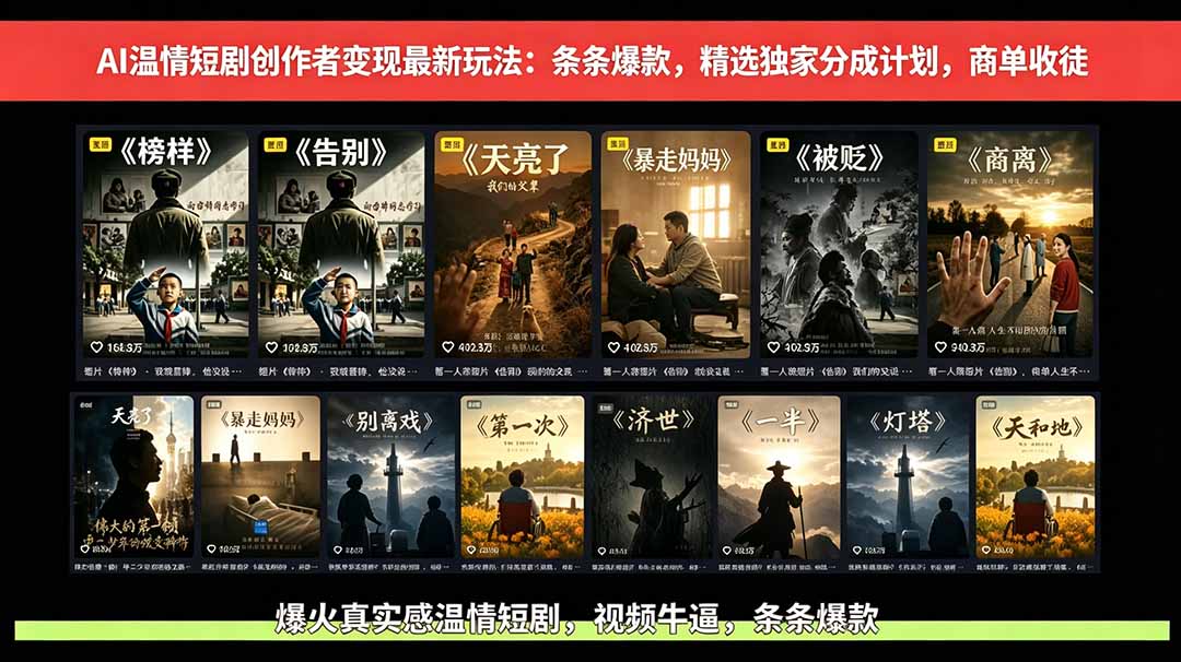 AI温情短剧创作者变现最新玩法：视频牛逼，条条爆款，精选独家分成计划，商单收徒-热点1站 - 热点知汇专注网赚项目资源知识聚汇