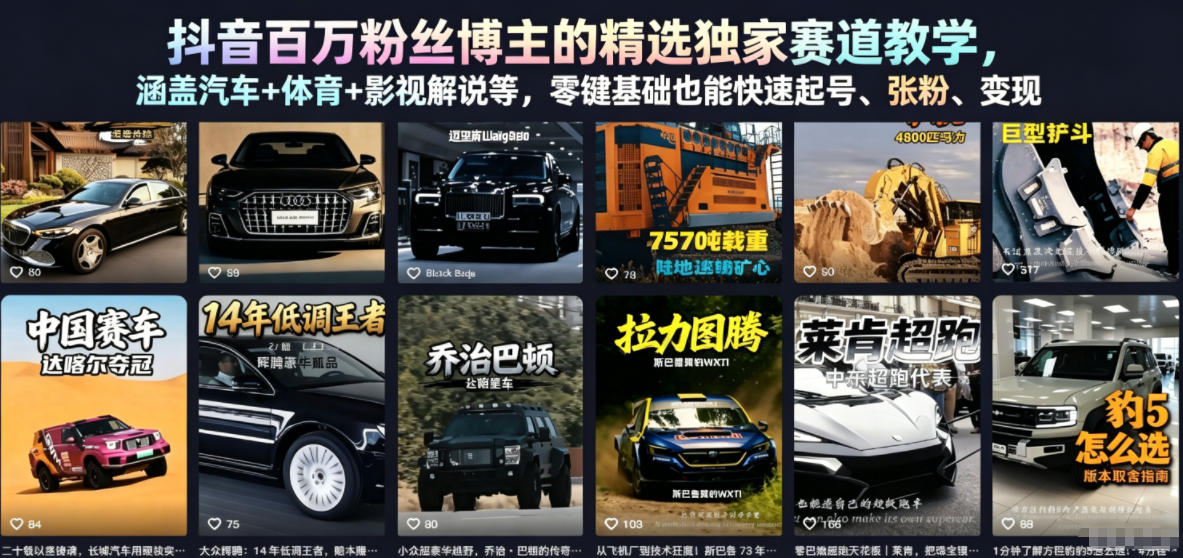 抖音百万粉丝博主的精选独家赛道教学，涵盖汽车+体育+影视解说等，零基础也能快速起号、涨粉、变现-热点1站 - 热点知汇专注网赚项目资源知识聚汇