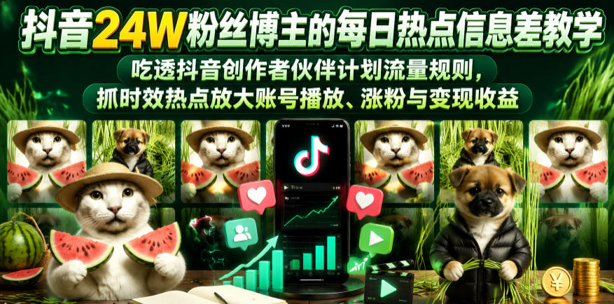 抖音24W粉丝博主的每日热点信息差教学,吃透创作者伙伴计划流量规则,抓时效热点放大账号播放、涨粉与变现收益-热点1站 - 热点知汇专注网赚项目资源知识聚汇
