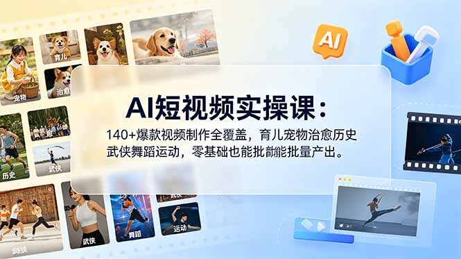 AI短视频实操课:140+爆款视频制作全覆盖,育儿宠物治愈历史武侠舞蹈运动,零基础也能批量产出-热点1站 - 热点知汇专注网赚项目资源知识聚汇