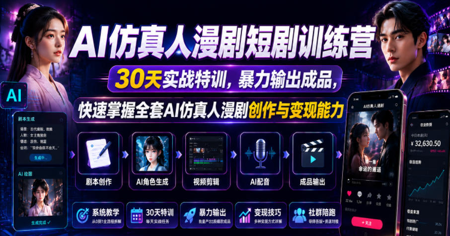 AI仿真人漫剧短剧训练营，30天实战特训，暴力输出成品，快速掌握全套AI仿真人漫剧创作与变现能力-热点1站 - 热点知汇专注网赚项目资源知识聚汇