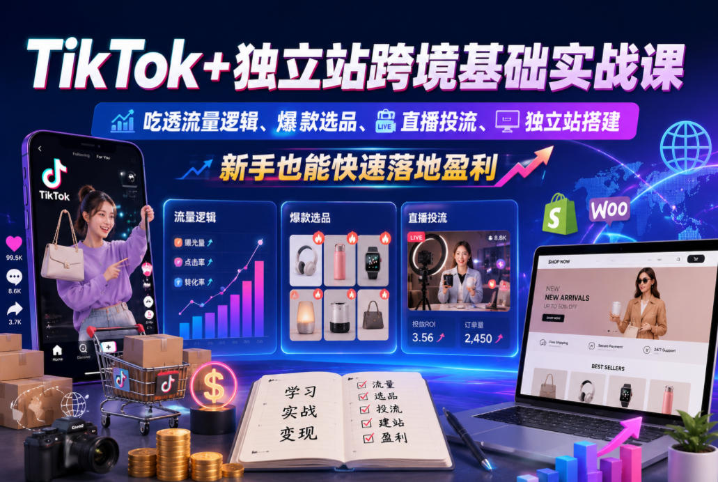 TikTok+独立站跨境基础实战课,吃透流量逻辑、爆款选品、直播投流与独立站搭建,新手也能快速落地盈利-热点1站 - 热点知汇专注网赚项目资源知识聚汇