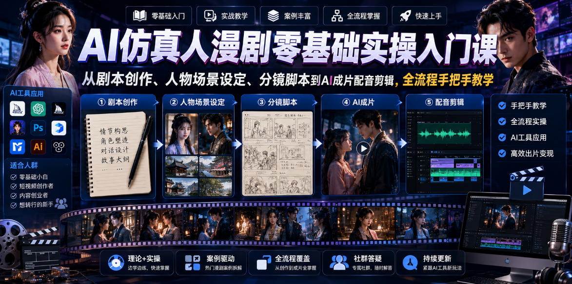 AI仿真人漫剧零基础实操入门课,从剧本创作、人物场景设定、分镜脚本到AI成片配音剪辑,全流程手把手教学-热点1站 - 热点知汇专注网赚项目资源知识聚汇