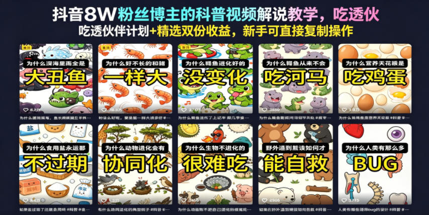 抖音8W粉丝博主的科普视频解说教学，吃透伙伴计划+精选双份收益，新手可直接复制操作-热点1站 - 热点知汇专注网赚项目资源知识聚汇