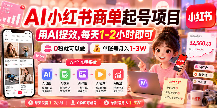 AI小红书商单起号项目，用AI提效,每天1-2小时即可，0粉就可以做，单账号月入1-3W-热点1站 - 热点知汇专注网赚项目资源知识聚汇