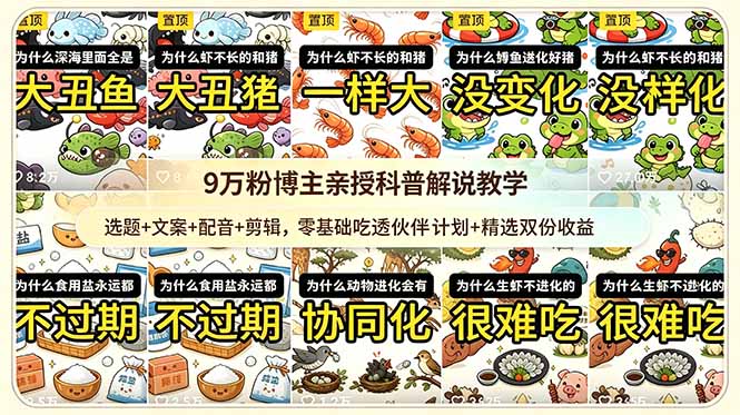 9w粉博主亲授科普解说教学：选题+文案+配音+剪辑，零基础吃透伙伴计划+精选双份收益-热点1站 - 热点知汇专注网赚项目资源知识聚汇