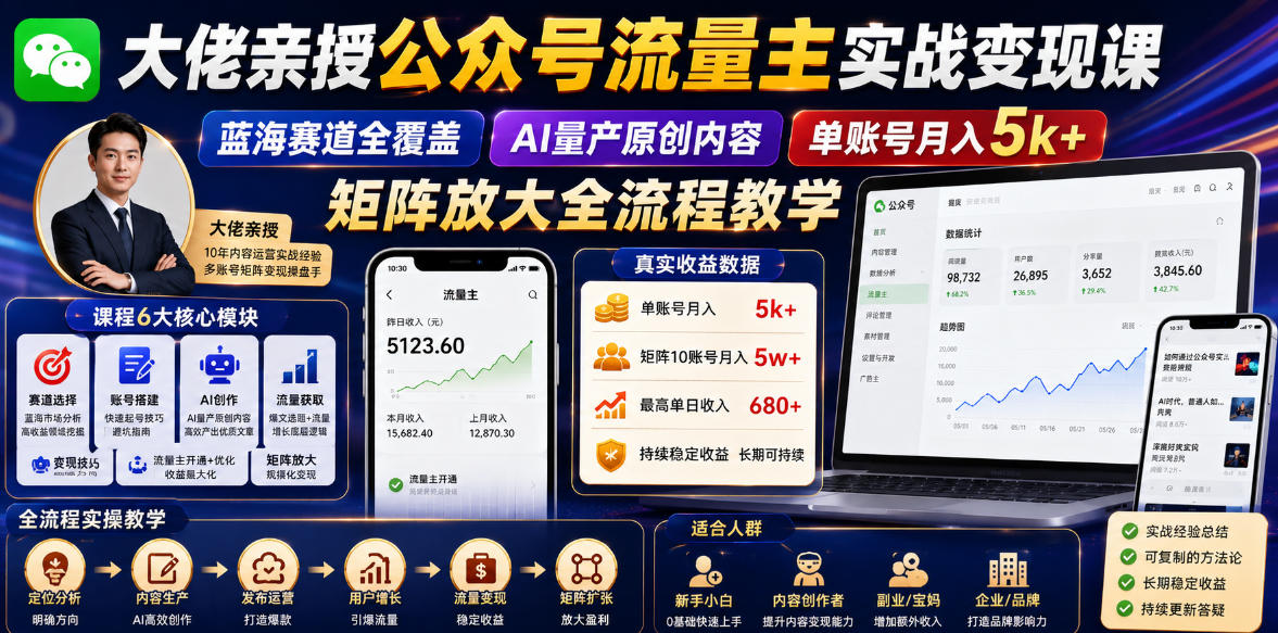 大佬亲授公众号流量主实战变现课，蓝海赛道全覆盖，AI量产原创内容，单账号月入5k+矩阵放大全流程教学-热点1站 - 热点知汇专注网赚项目资源知识聚汇