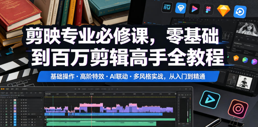 剪映专业必修课，零基础到百万剪辑高手全教程，基础操作・高阶特效・AI联动・多风格实战，从入门到精通-热点1站 - 热点知汇专注网赚项目资源知识聚汇