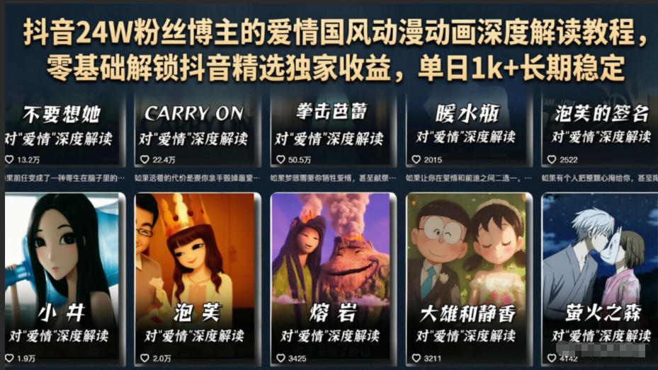 抖音24W粉丝博主的爱情国风动漫动画深度解读教程，零基础解锁抖音精选独家收益，单日1k+长期稳定-热点1站 - 热点知汇专注网赚项目资源知识聚汇