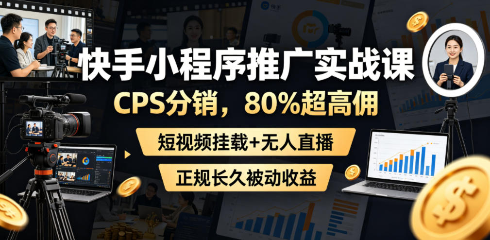 快手小程序推广实战课，CPS分销，80%超高佣，短视频挂载+无人直播，正规长久被动收益-热点1站 - 热点知汇专注网赚项目资源知识聚汇