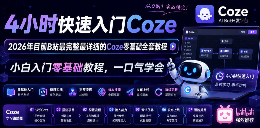 4小时快速入门Coze！2026年目前B站最完整最详细的Coze零基础全套教程，小白入门零基础教程，一口气学会！-热点1站 - 热点知汇专注网赚项目资源知识聚汇
