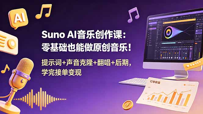 Suno AI音乐创作课：零基础也能做原创音乐！提示词+声音克隆+翻唱+后期，学完接单变现-热点1站 - 热点知汇专注网赚项目资源知识聚汇
