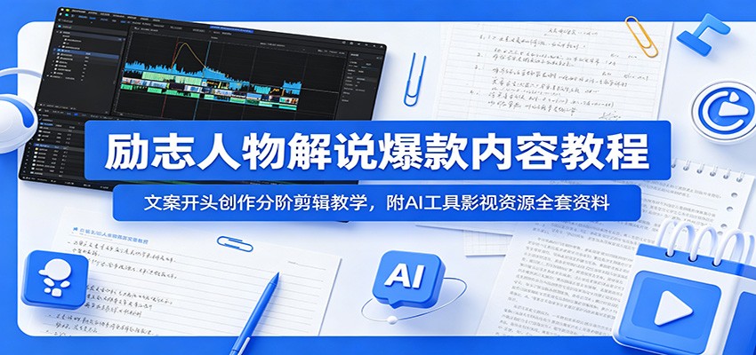 励志人物解说爆款内容教程：文案开头创作分阶剪辑教学，附AI 工具影视资源全套资料-热点1站 - 热点知汇专注网赚项目资源知识聚汇