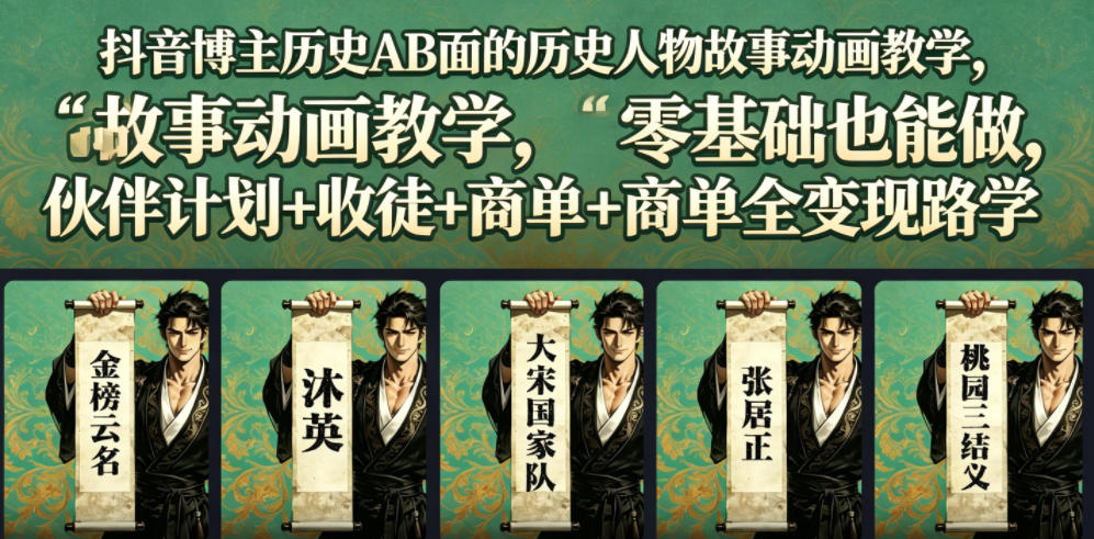 抖音博主历史AB面的历史人物故事动画教学，零基础也能做，伙伴计划+收徒+商单全变现路径教学-热点1站 - 热点知汇专注网赚项目资源知识聚汇