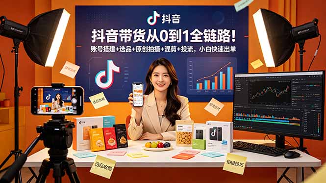 抖音带货从0到1全链路！账号搭建+选品+原创拍摄+混剪+投流，小白快速出单-热点1站 - 热点知汇专注网赚项目资源知识聚汇