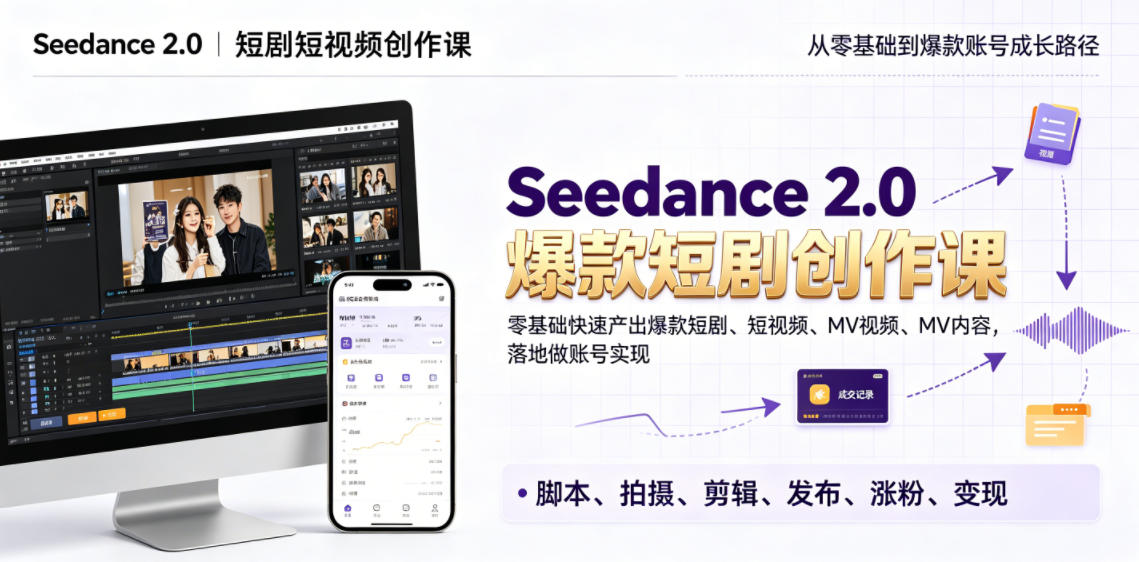 Seedance 2.0短剧短视频创作课，零基础快速产出爆款短剧、短视频、MV内容，落地做账号实现变现-热点1站 - 热点知汇专注网赚项目资源知识聚汇