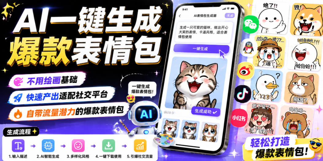 AI一键生成爆款表情包，不用绘画基础，快速产出适配社交平台，自带流量潜力的爆款表情包-热点1站 - 热点知汇专注网赚项目资源知识聚汇