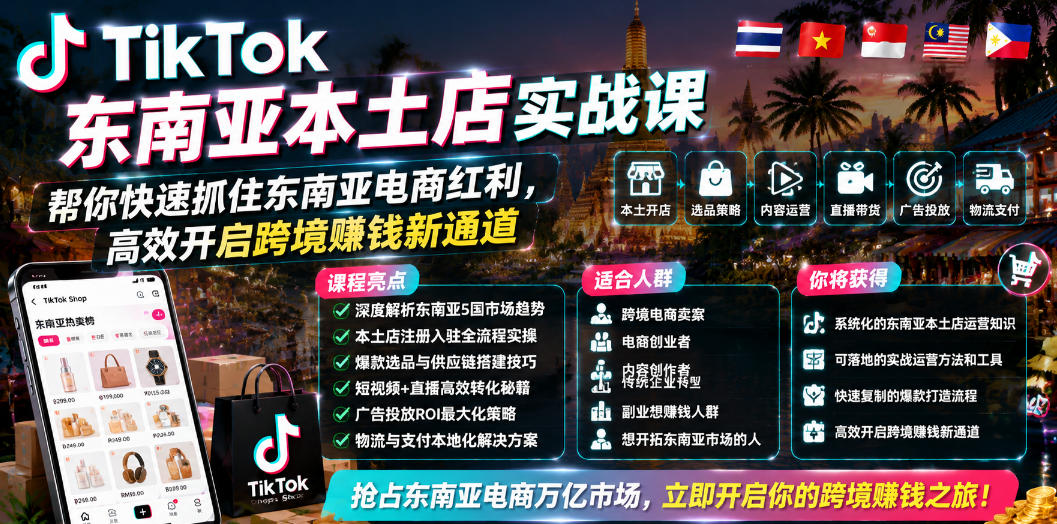 TikTok东南亚本土店实战课，帮你快速抓住东南亚电商红利，高效开启跨境賺钱新通道-热点1站 - 热点知汇专注网赚项目资源知识聚汇