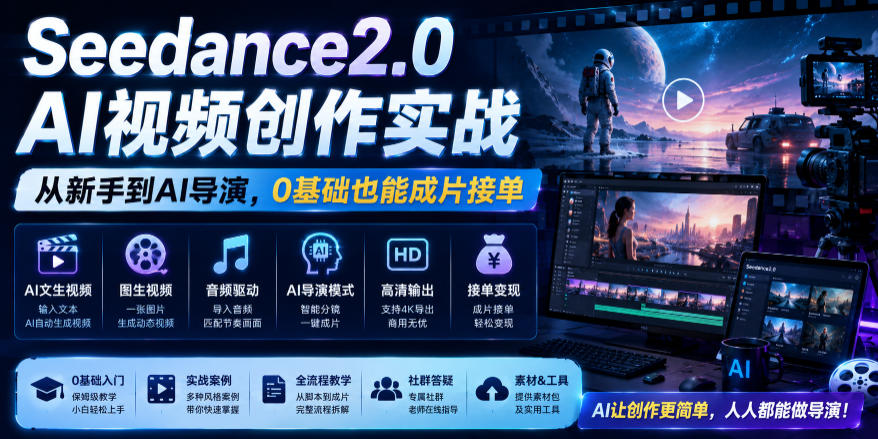Seedance2.0 AI视频创作实战，从新手到AI导演，0基础也能成片接单变现-热点1站 - 热点知汇专注网赚项目资源知识聚汇