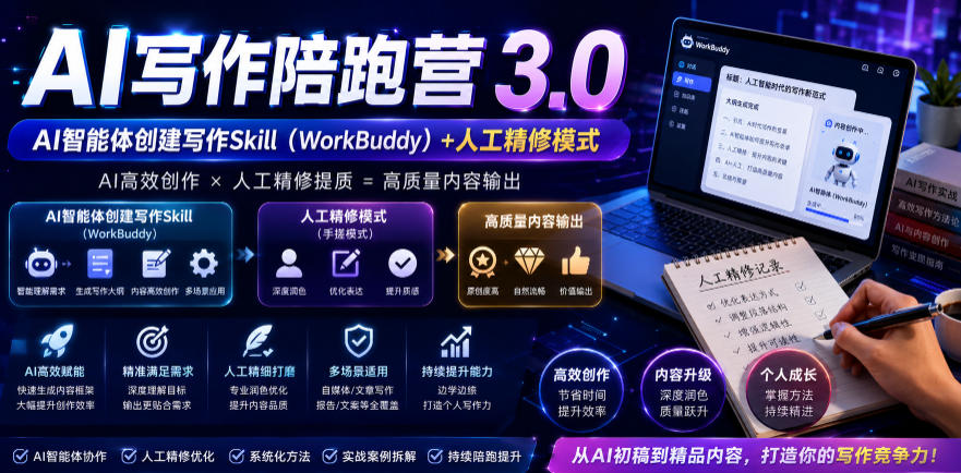 AI写作陪跑营3.0，Ai智能体创建写作skill(workbuddy)+人工手写模式(手搓模式)，去除AI痕迹(头条号、公众号、百家号)-热点1站 - 热点知汇专注网赚项目资源知识聚汇